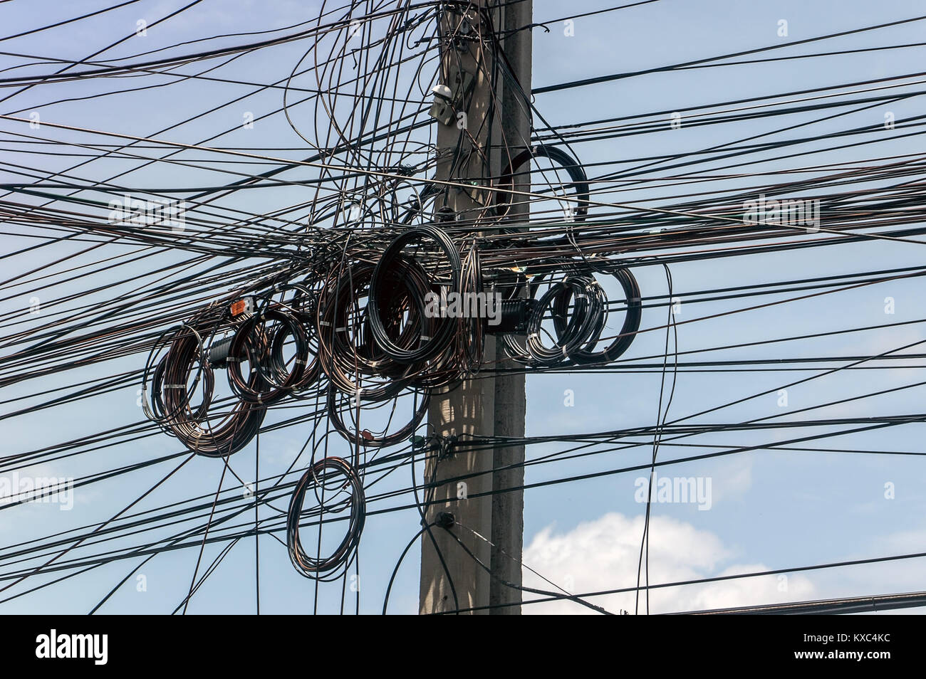 Les câbles enchevêtrés attaché à la bouilloire du mât. Le chaos de