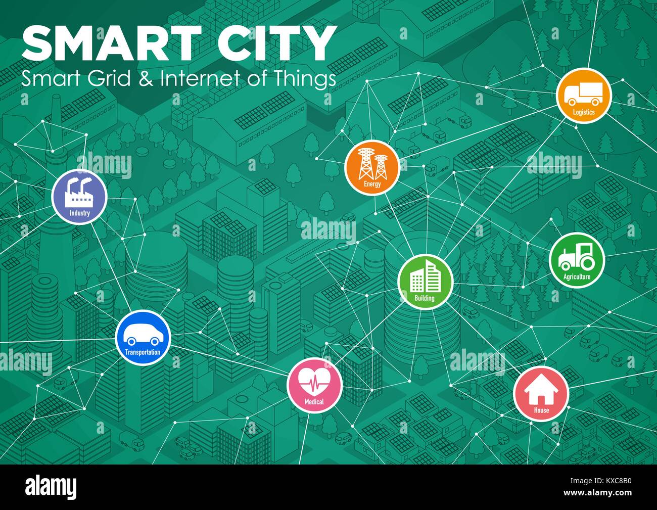 Smart city dessin illustration avec différentes icônes technologiques futuristes, paysage urbain et de vie moderne, smart gird, IoT (Internet des Objets) Illustration de Vecteur