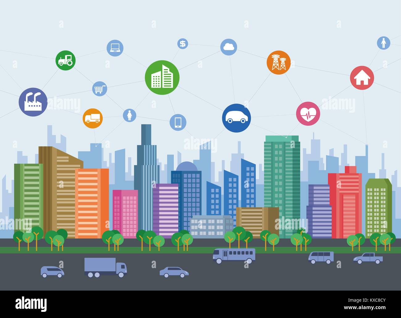 Smart city sur le sol avec différentes icônes technologiques futuristes, paysage urbain et de vie moderne, smart gird, IoT (Internet des objets). Illustration de Vecteur