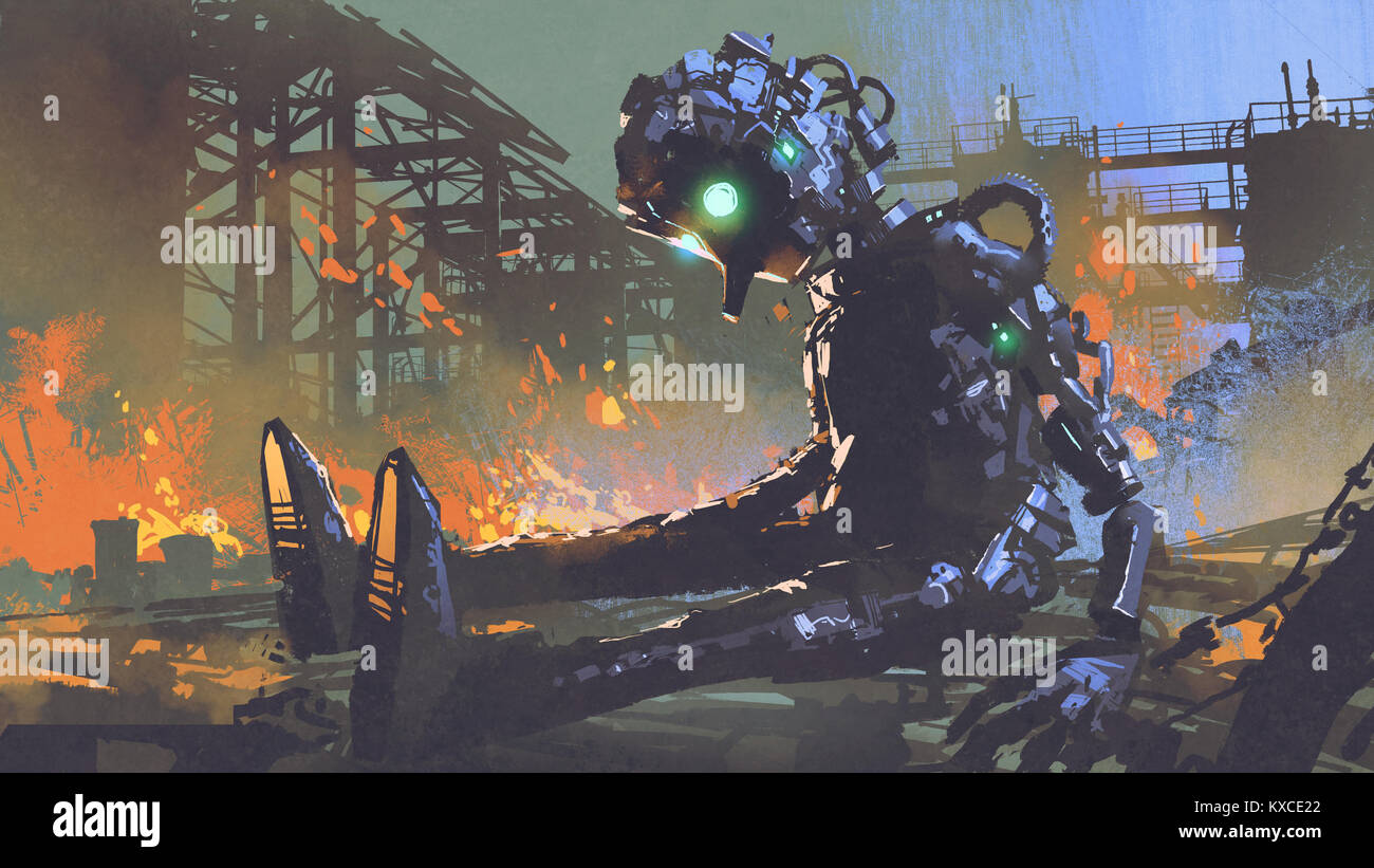 Broken robot-leaved sur usine abandonnée, art numérique, peinture style illustration Banque D'Images