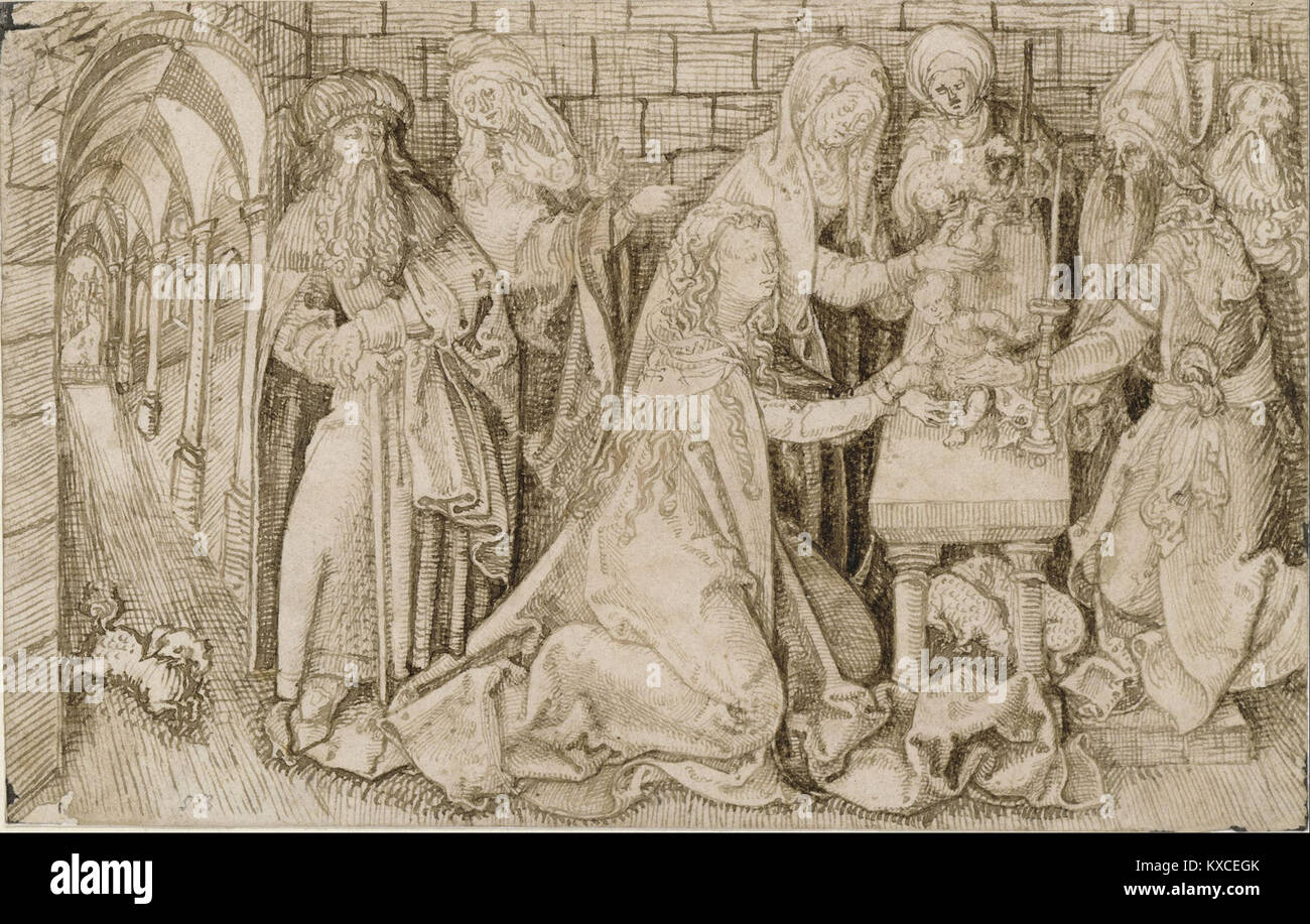 Le tableau 'la présentation au Temple' de Veit Stoß représente l'histoire biblique de la Vierge Marie présentant l'enfant Jésus au temple. Il illustre le moment de purification et la prophétie de Siméon. Cette œuvre est connue pour son rendu détaillé et son impact émotionnel. Banque D'Images