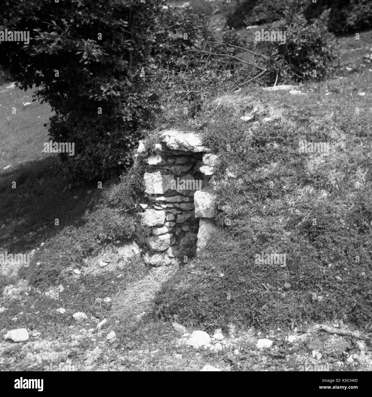 Cette photographie montre l'entrée de la 'grotte de neige' (Repna Jama) à Javornik, Slovénie, prise en hiver 1959. L’image documente un site géologique naturel et met en évidence le paysage karstique de la région et les conditions hivernales. Banque D'Images
