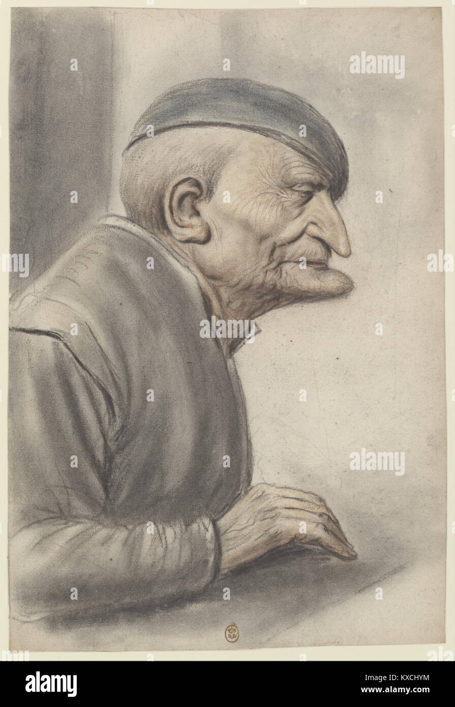 Ce portrait du XVIIIe siècle réalisé par Nicolas Lagneau représente un homme âgé de profil, portant une casquette, mettant en valeur le style caractéristique du portrait français de l'époque. Banque D'Images