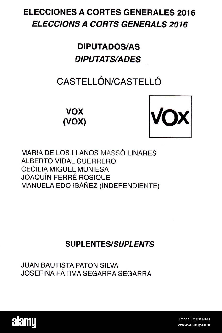 Un bulletin de vote de 2016 des élections générales espagnoles à Castellón, représentant le parti politique Vox. Le document montre le matériel électoral officiel utilisé pendant le processus électoral démocratique en Espagne. Banque D'Images