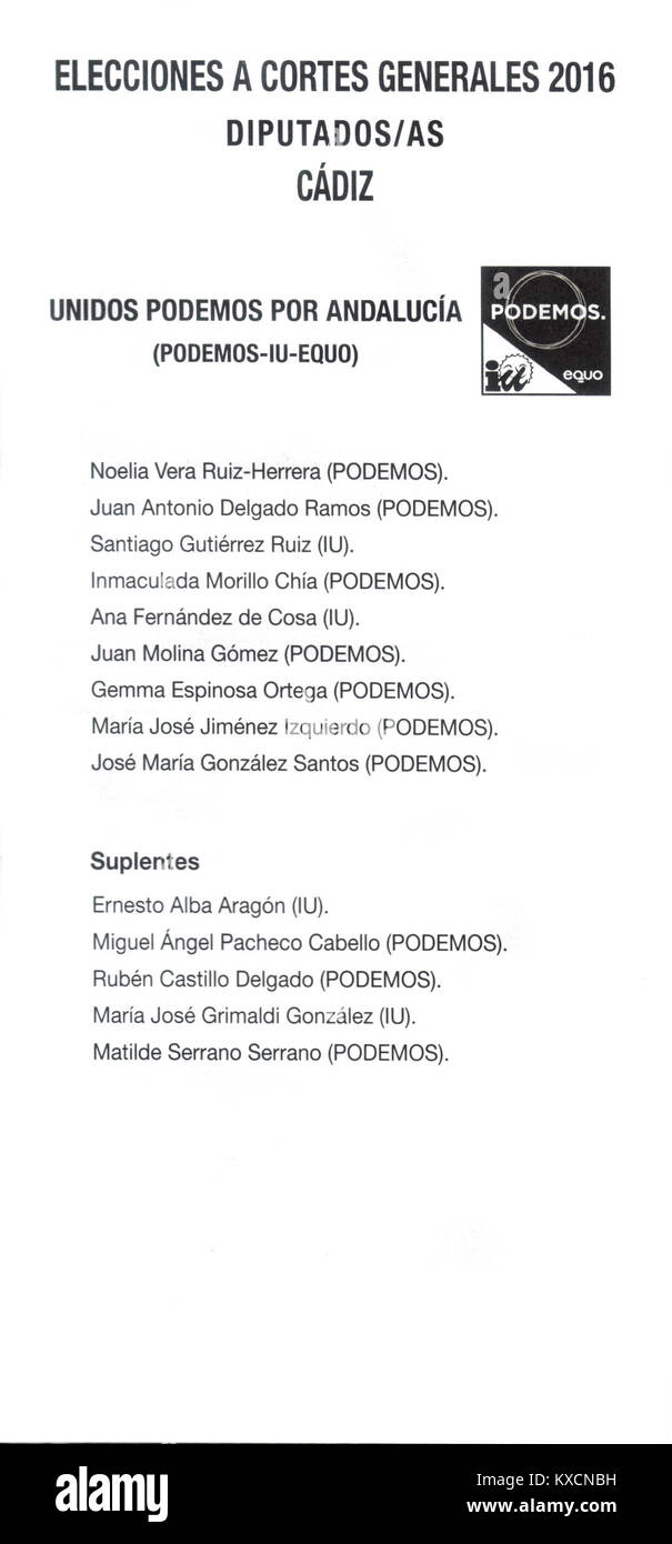 Image du bulletin de vote des élections générales espagnoles de 2016 de la circonscription de Cádiz avec la liste de la coalition Unidos Podemos (Podemos-IU) utilisée lors des élections nationales du 26 juin 2016. Banque D'Images