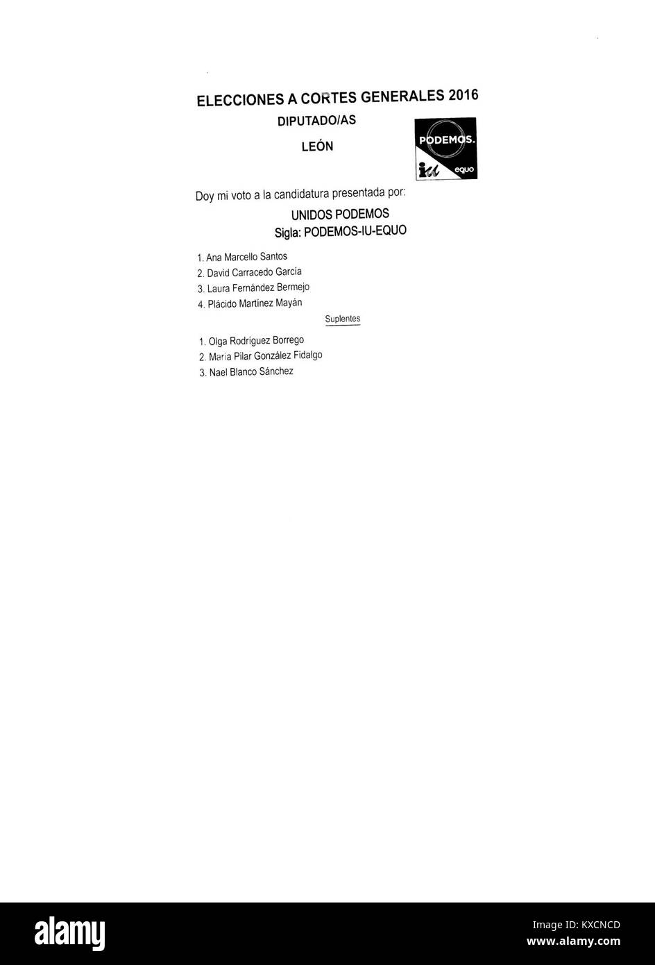 Bulletin des élections législatives espagnoles de 2016 montrant la coalition PODEMOS-IU-EQUO dans le district de León. Banque D'Images