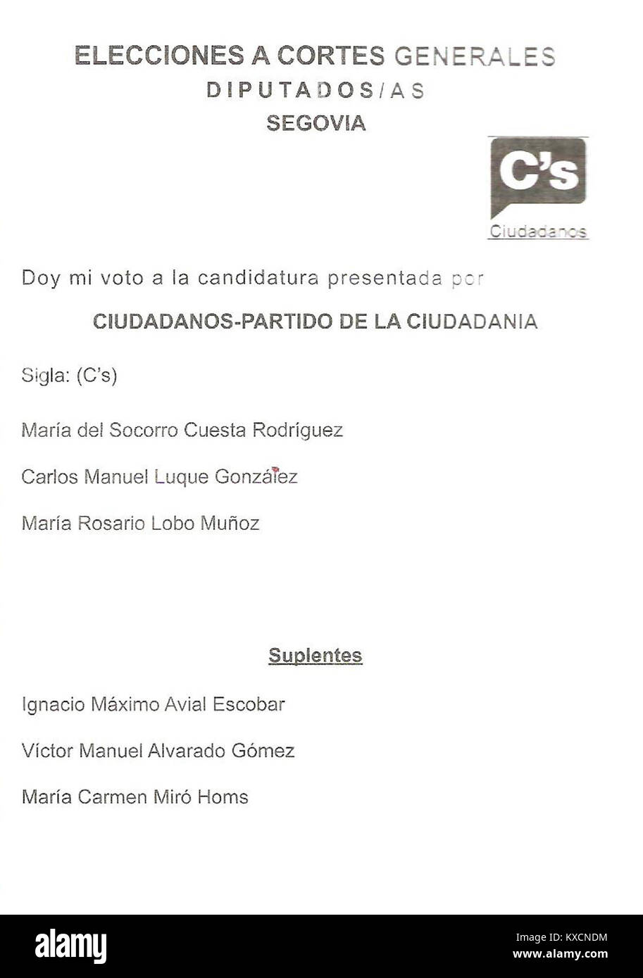 Bulletin de vote de 2016 des élections générales espagnoles à Ségovie, en Espagne, représentant le processus électoral démocratique et la structure politique de la période. Banque D'Images