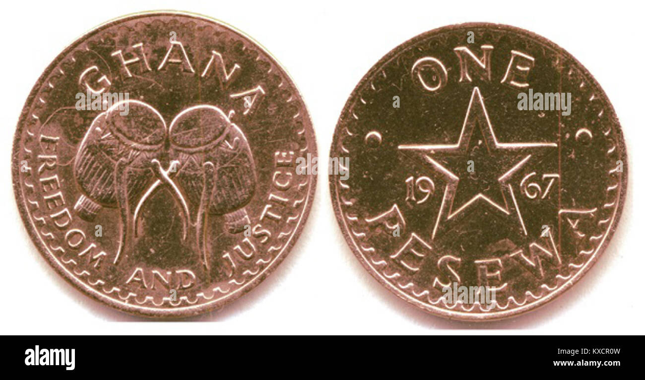 Une pièce de 1 pesewa du Ghana, émise dans le cadre du nouveau système monétaire cedi. La pièce représente la réforme de la monnaie officielle du Ghana, utilisée dans la circulation nationale. Banque D'Images