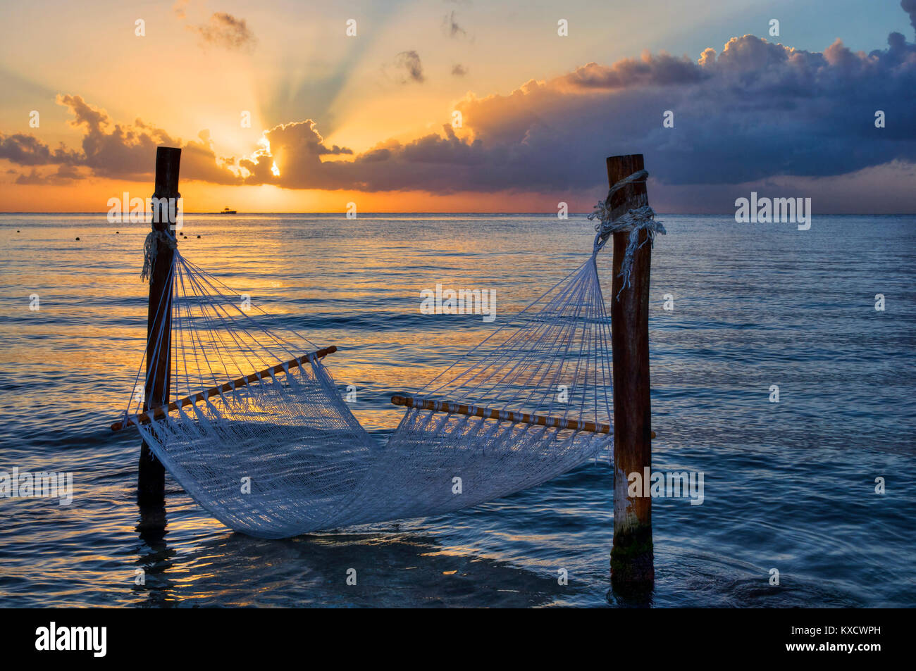 Paradis tropical, hamac sur la mer au coucher du soleil Banque D'Images