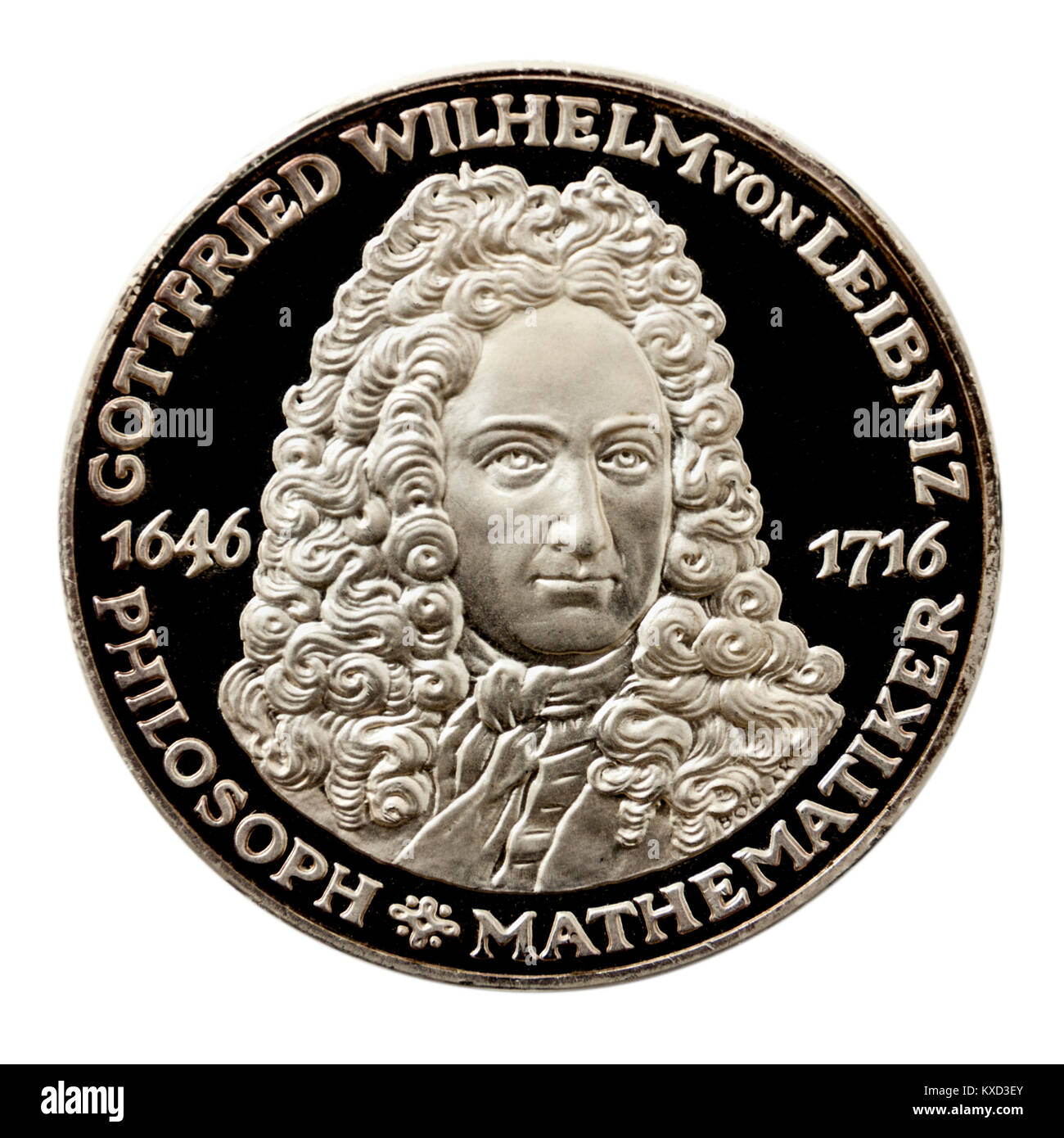 99,9 % la preuve logo de couleur argent avec Gottfried Wilhelm von Leibniz (1646-1716), le mathématicien allemand célèbre pour inventer la roue-Leibniz. Banque D'Images