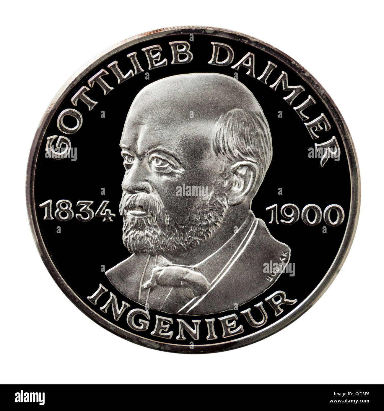99,9 % la preuve logo de couleur argent avec Gottlieb Daimler Wilhelm (1834-1900), le fondateur de Daimler Motoren Gesellschaft (DMG) en 1890. Banque D'Images