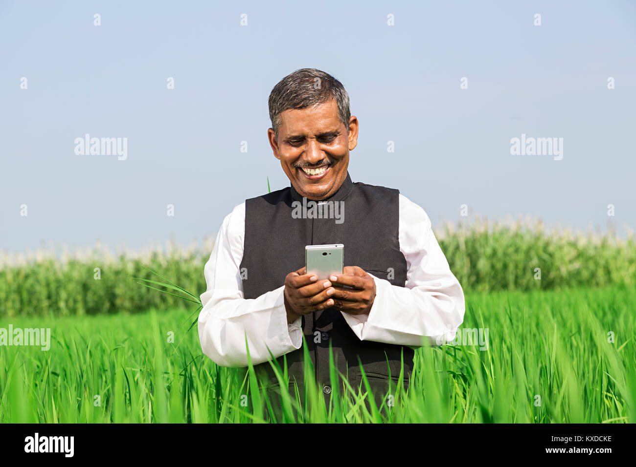 1 Les agriculteurs ruraux indiens Lire la messagerie texte Téléphone dans Farm Banque D'Images