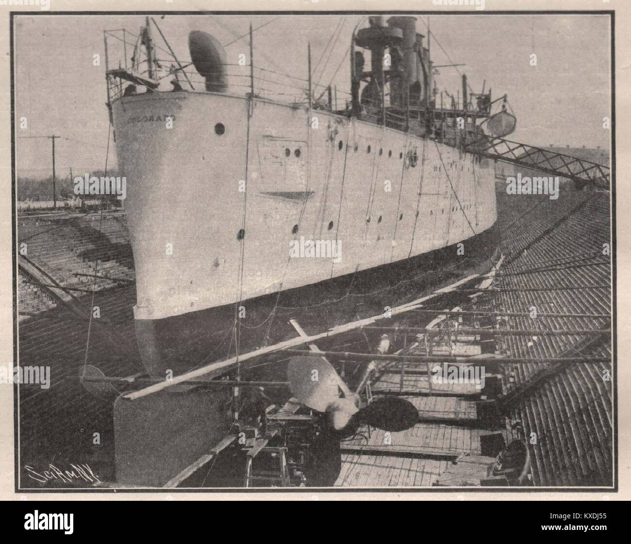 Vue arrière du croiseur cuirassé 'Colorado'. Banque D'Images