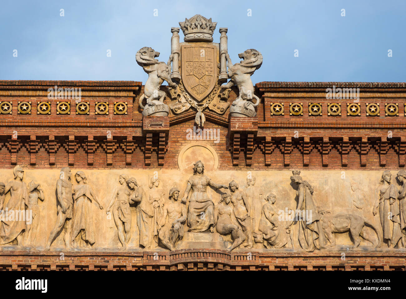 Détail de l'Arc de Triomphe, Arc de Triomphe,dans Passeig Lluis Companys, Barcelone, Catalogne, Espagne. Banque D'Images