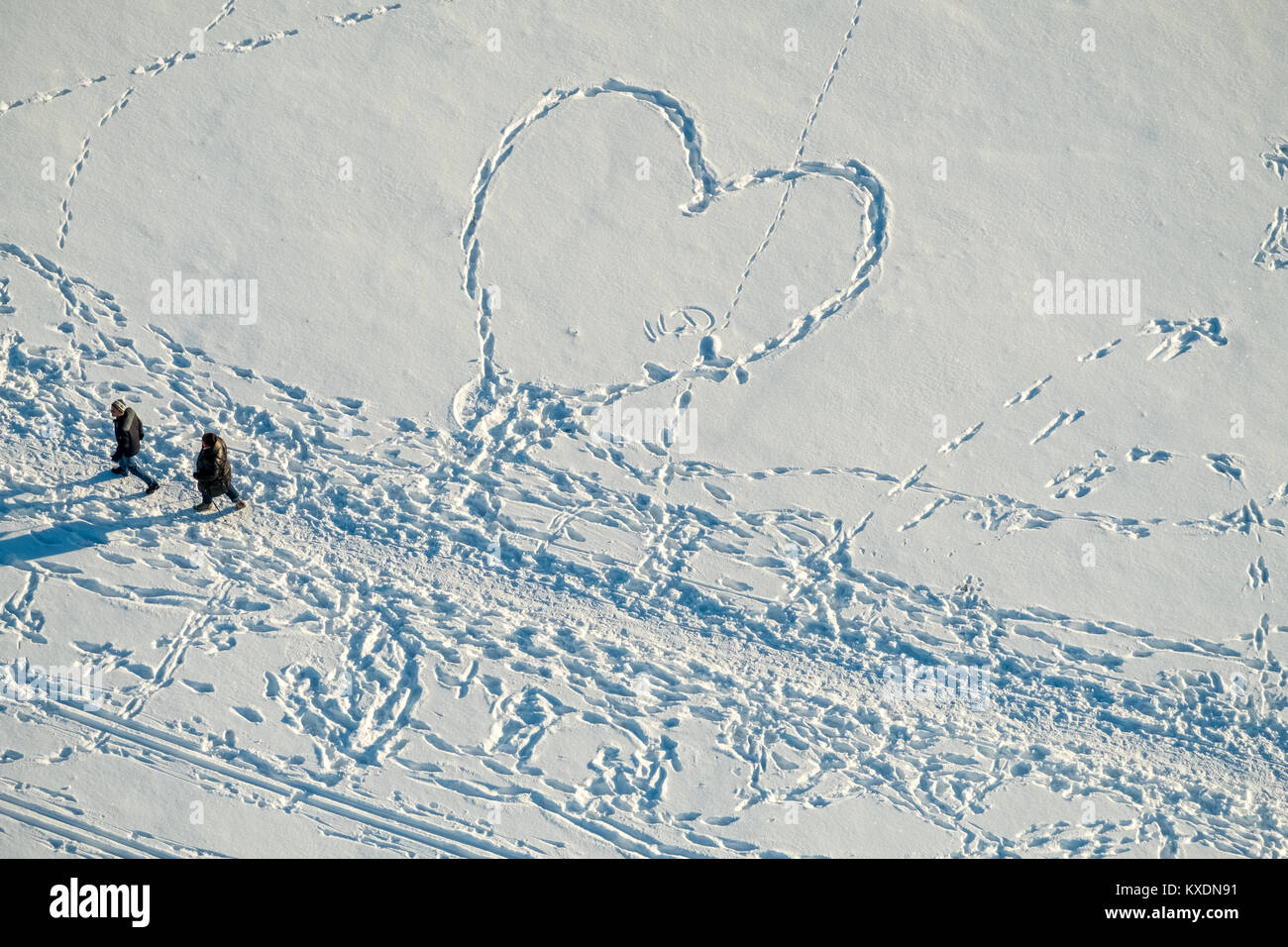 Empreintes de piétons dans la neige, coeur, en forme de coeur, le parc Bergpark Wilhelmshöhe, Kassel, Hesse, Allemagne Banque D'Images