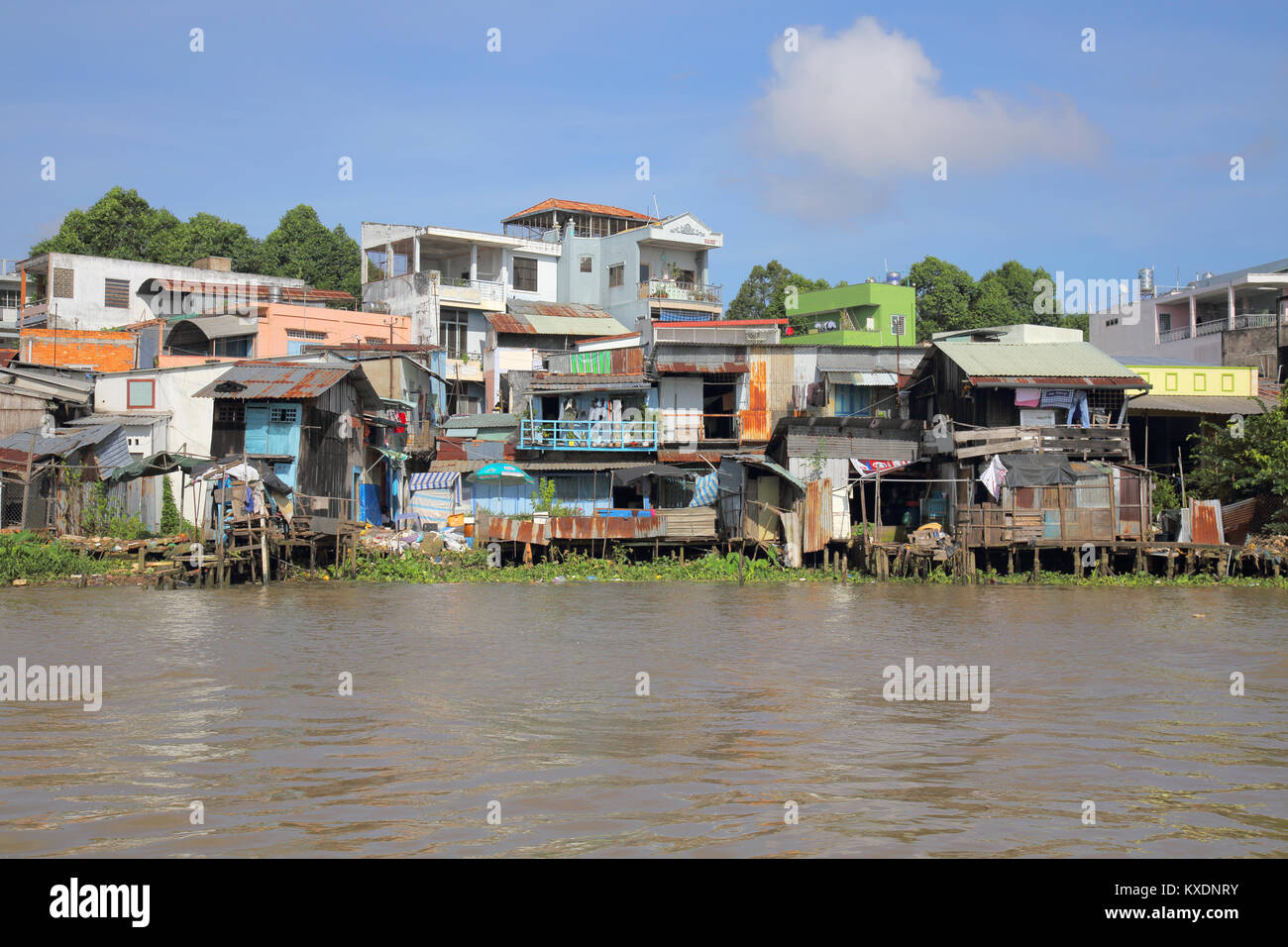 Le marché flottant et maisons à Riverside Cuu long près de Can Tho, Vietnam Banque D'Images