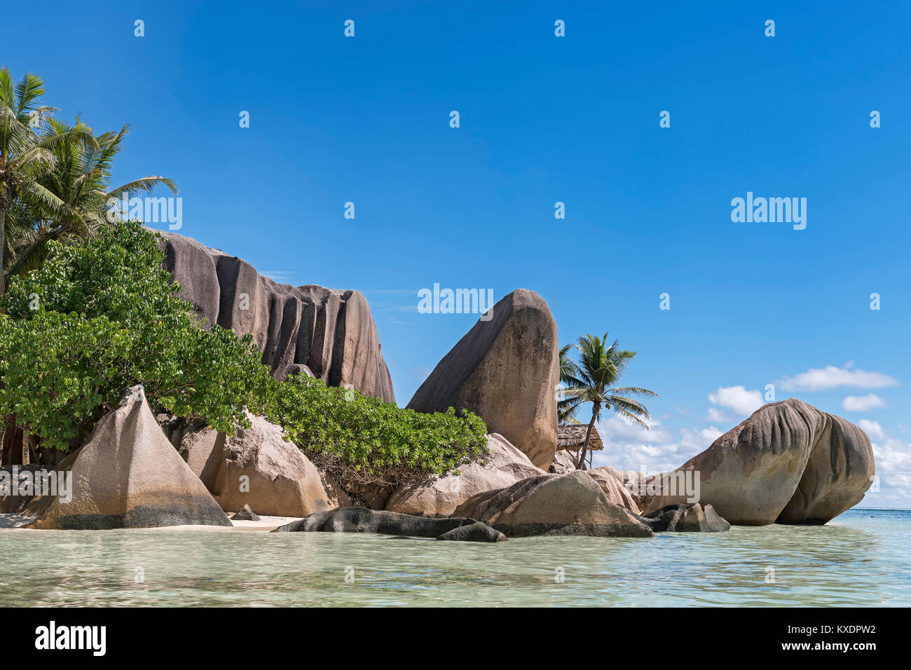 Les roches de granit avec des palmiers sur la plage Anse Source d'argent, La Digue, Seychelles Banque D'Images