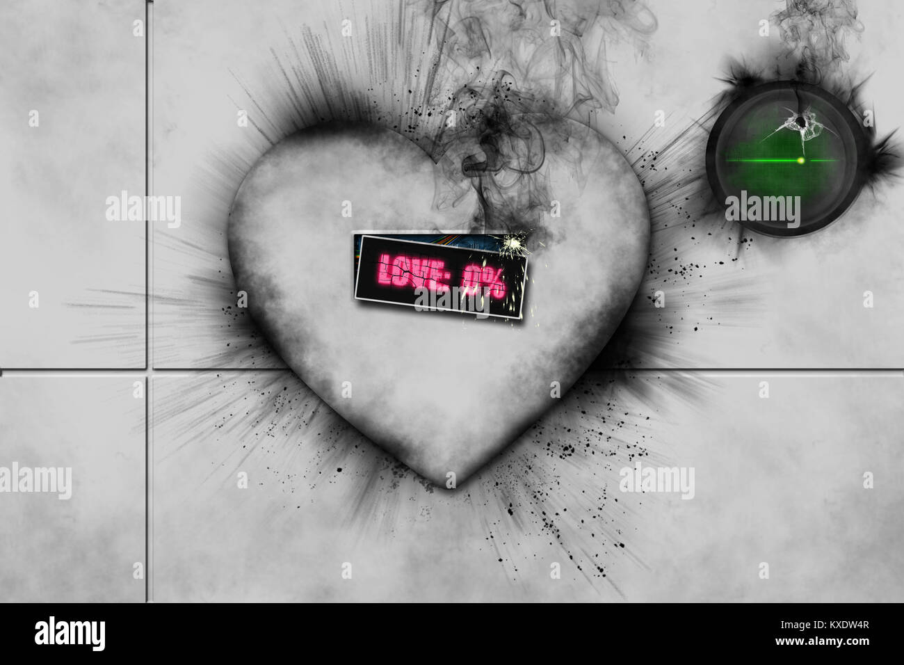 Coeur blanc cassé avec 3D de la fumée noire qui en provient, mot amour écrit en rose et bouton vert avec télévision à corner ligne cardiaque Banque D'Images