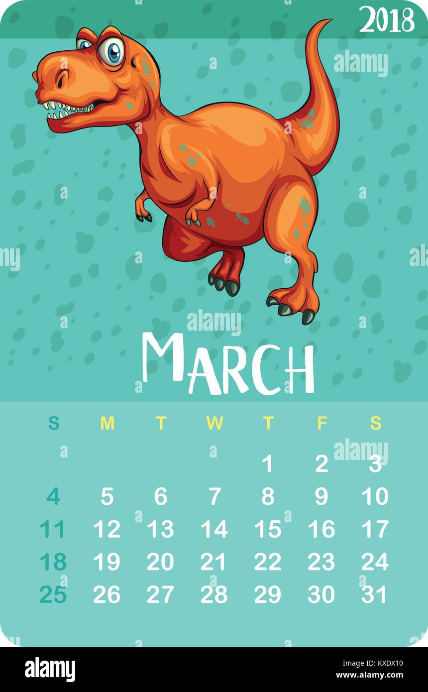 Modèle de calendrier pour le mois de mars avec t-rex illustration Illustration de Vecteur