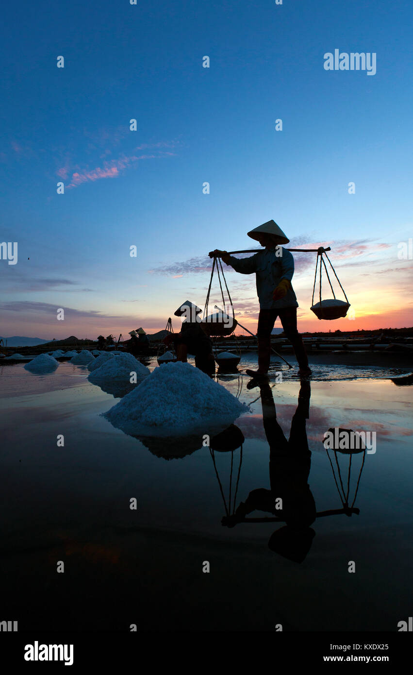 Les travailleurs de sexe féminin la récolte du sel de l'eau salée près des étangs à Doc Let, Vietnam. Ils commencent à travailler bien avant le lever du soleil, d'éviter la plupart de la chaleur Banque D'Images