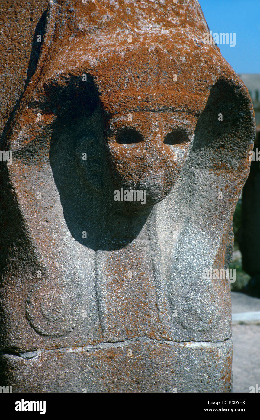 Détail du visage de Sphinx porte ou une porte de la ville à la ville Hittite de Alaca Höyük (Turquie) de la C.-B. 14 c Banque D'Images