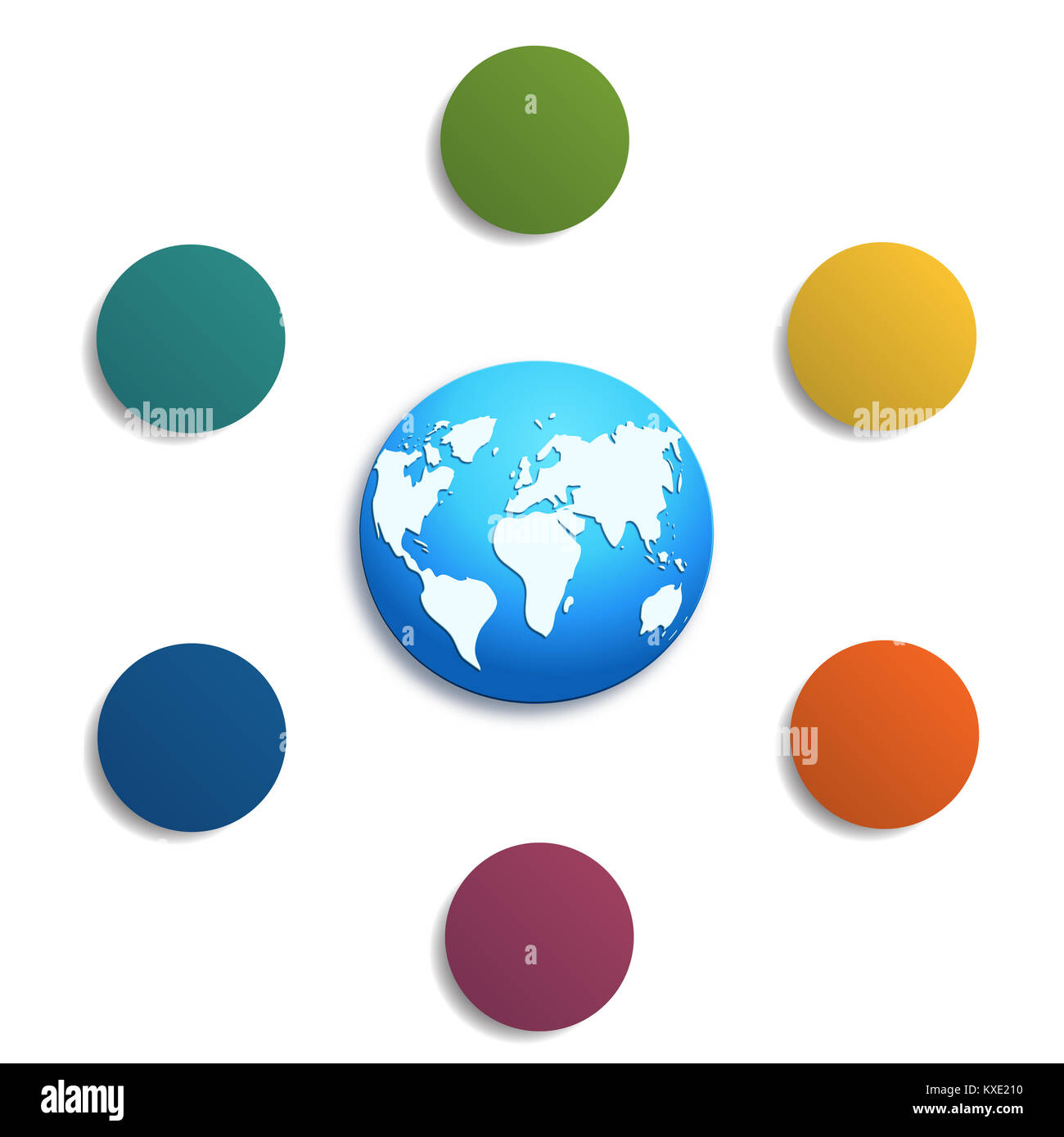 Illustration 6 cercles colorés avec de l'espace pour le texte autour de la carte du monde, peut être utilisé pour les présentations, étape par étape, les processus. Banque D'Images