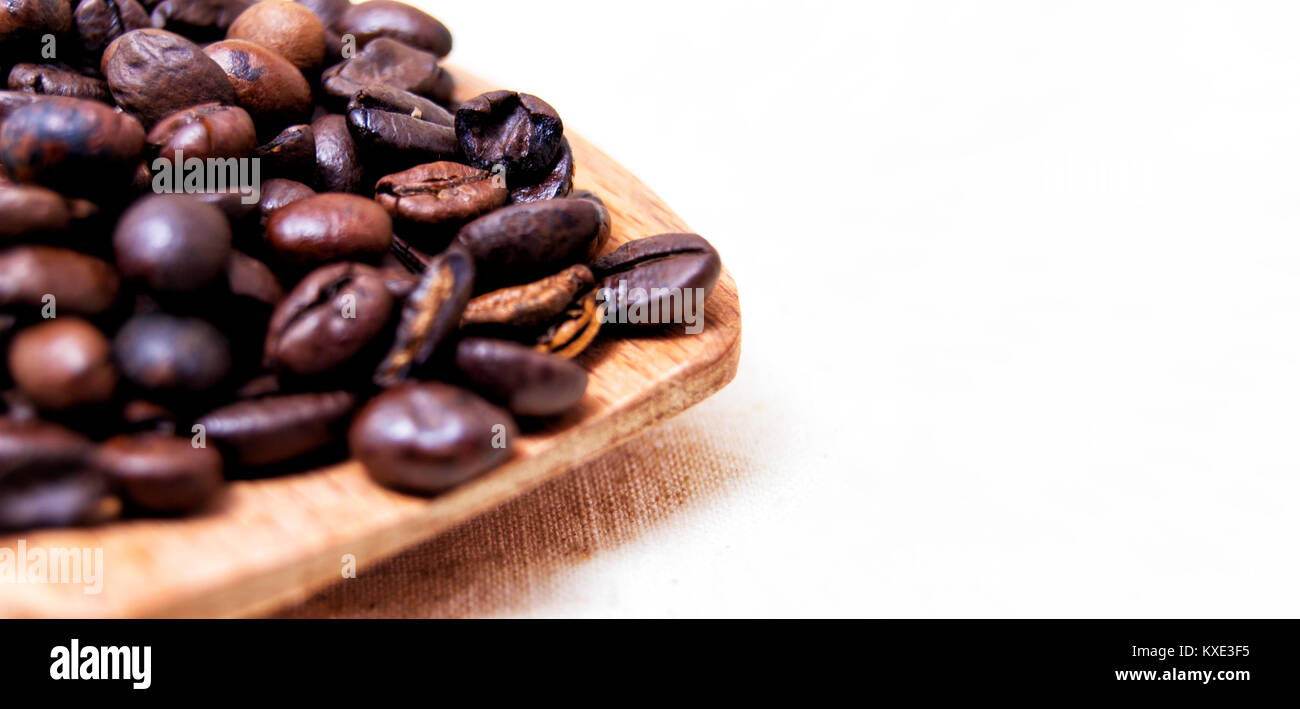 Close up of roasted Coffee beans sur une cuillère en bois avec un fond blanc avec de l'espace pour le texte. Banque D'Images