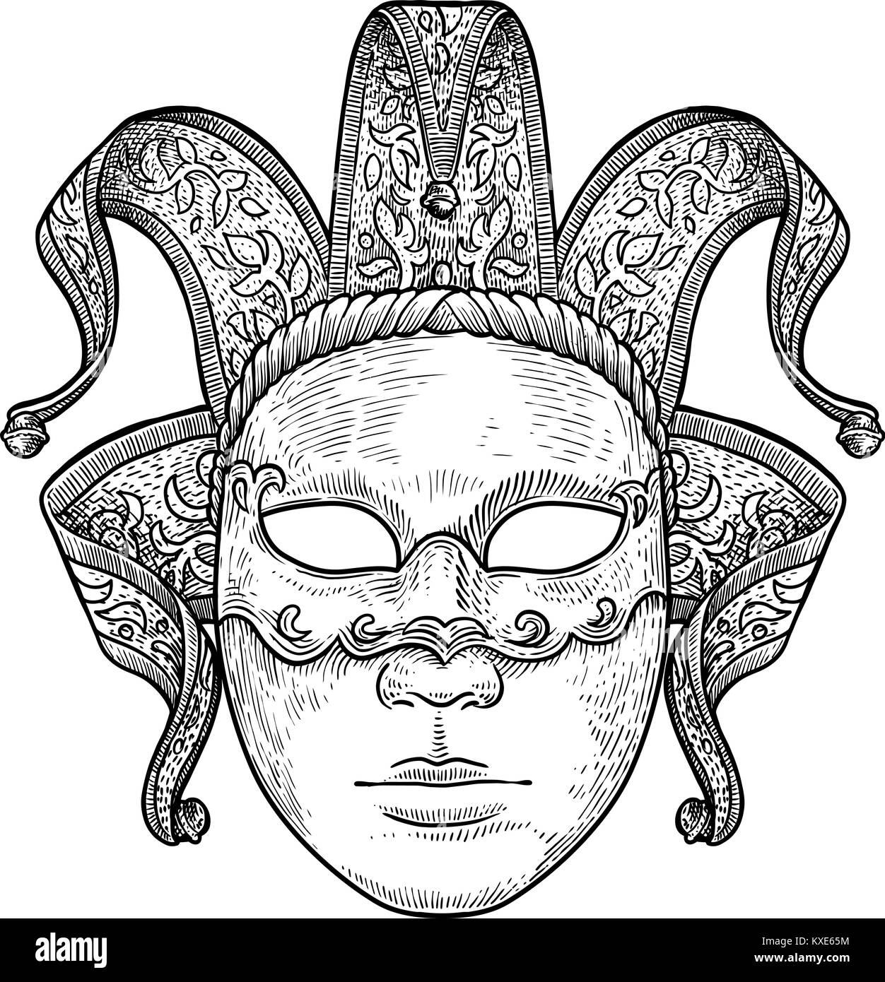 Masque de Venise illustration, dessin, gravure, encre, dessin au trait, vector Illustration de Vecteur