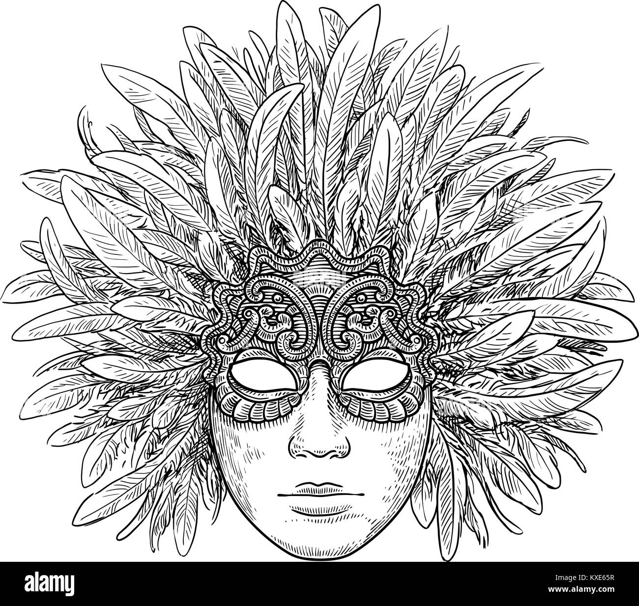 Masque de Venise illustration, dessin, gravure, encre, dessin au trait, vector Illustration de Vecteur