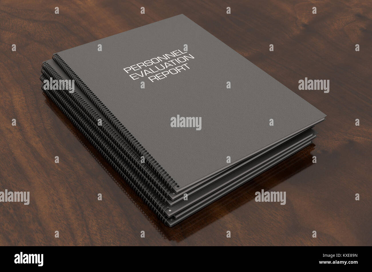 Une pile de documents reliés à l'aide d'évaluation du personnel dans une pile sur une table de conférence - surface de rendu 3D Banque D'Images