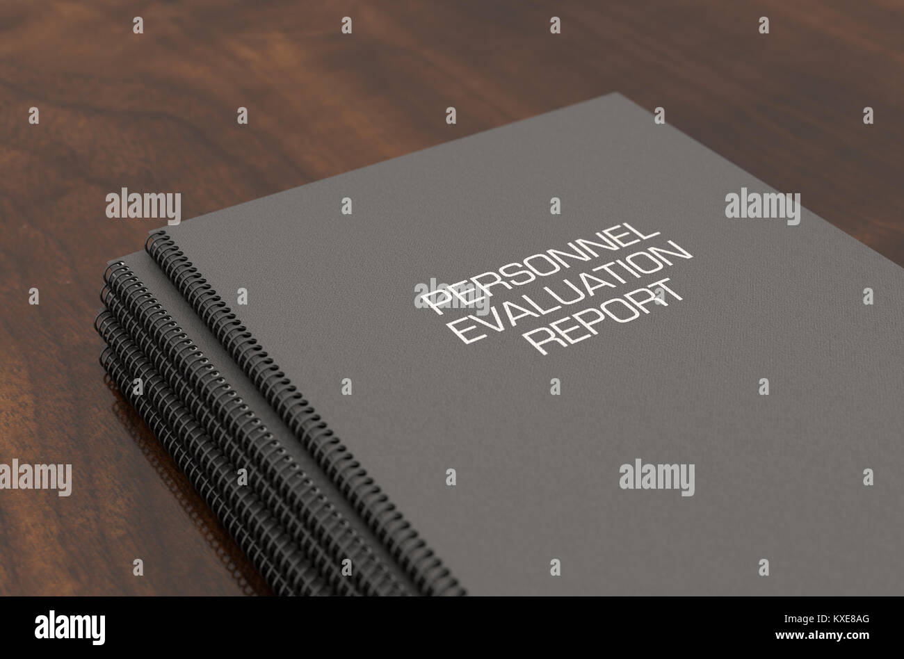 Une pile de documents reliés à l'aide d'évaluation du personnel dans une pile sur une table de conférence - surface de rendu 3D Banque D'Images