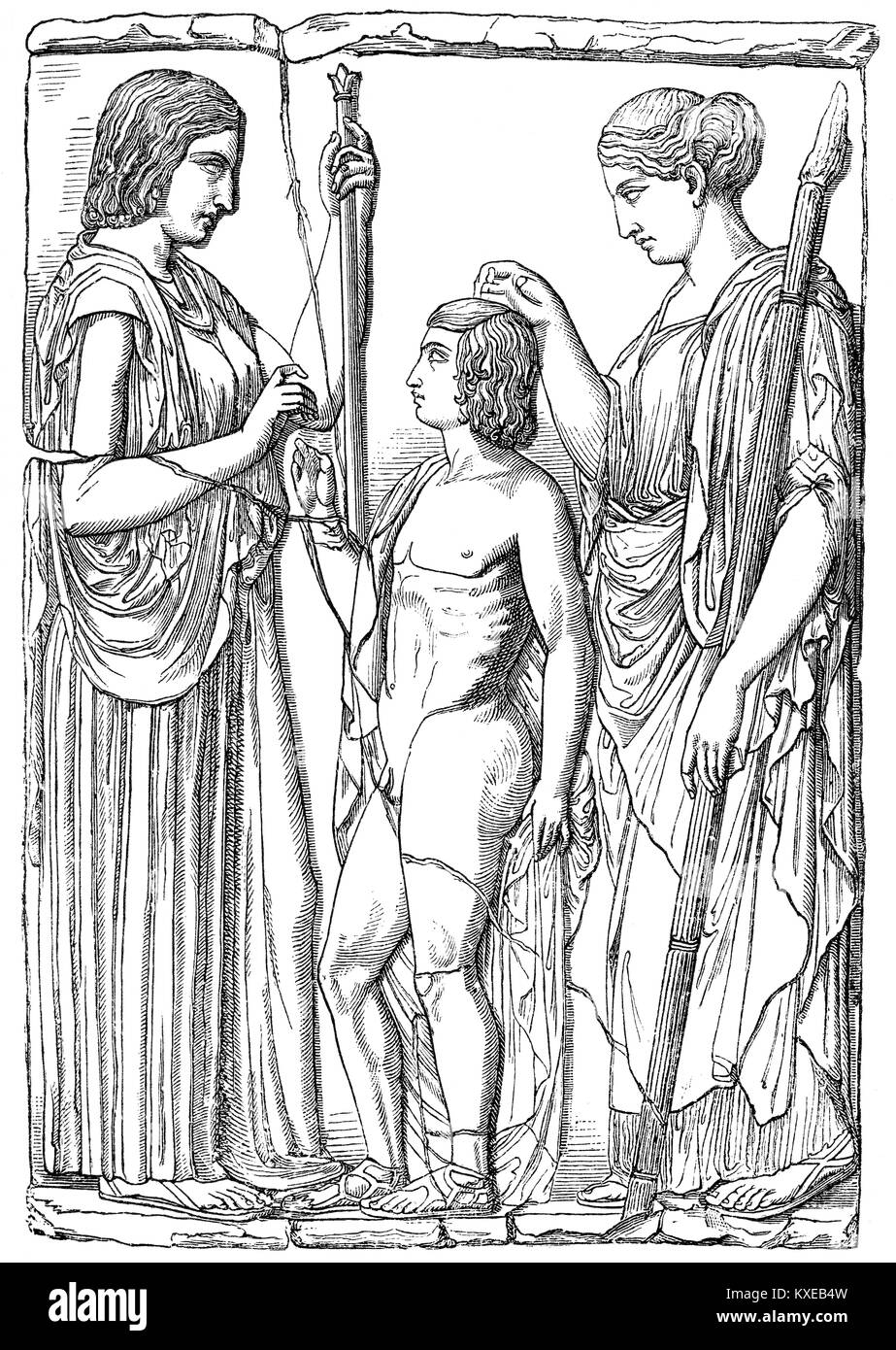 Déméter, Perséphone et Triptolemos, un bas-relief en marbre d'Eleusis, la mythologie grecque Banque D'Images