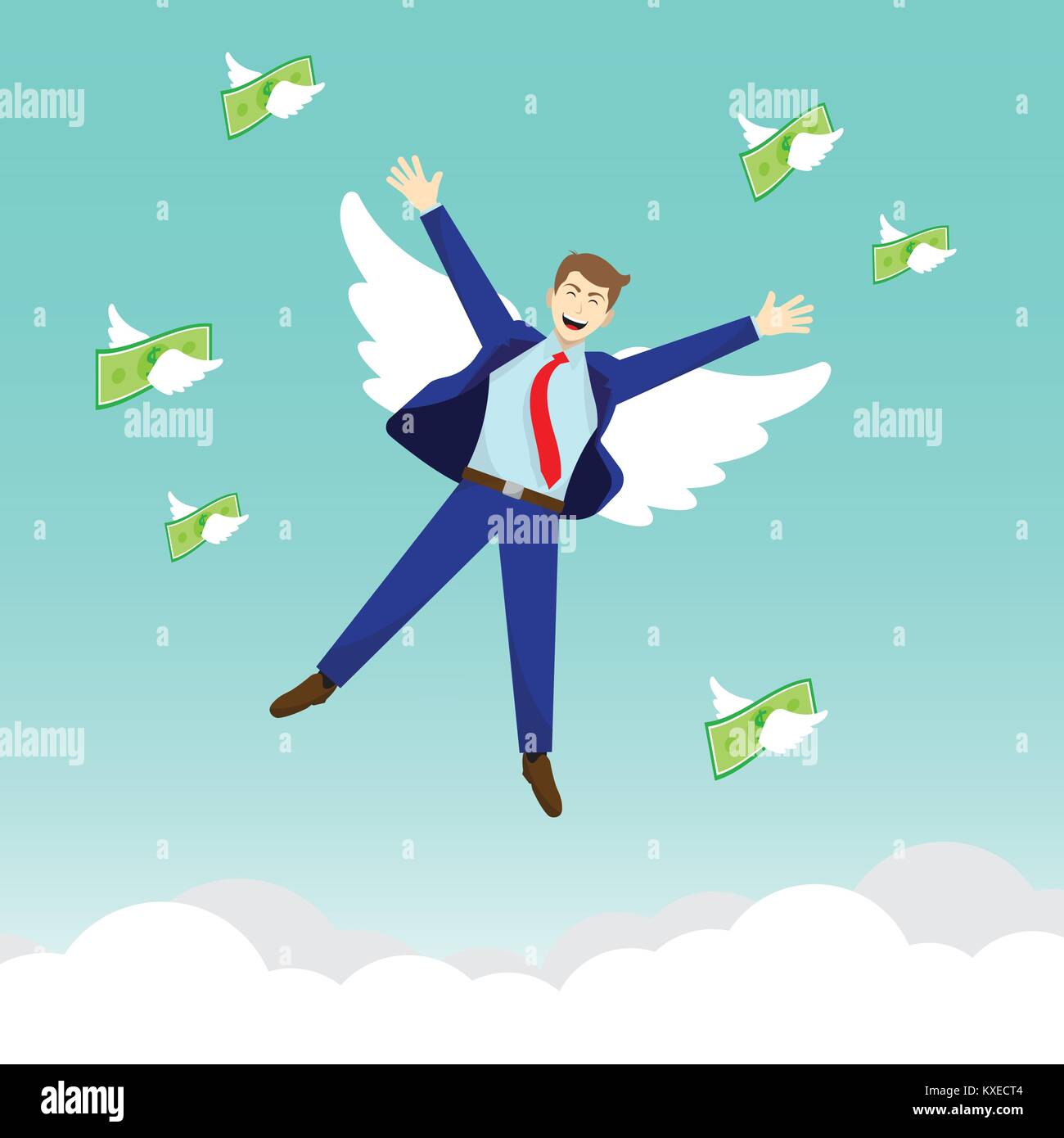 Concept d'entreprise d'illustration vectorielle, comme un homme heureux et de l'argent sont battant par aile blanche dans le ciel. Cela signifie la liberté de profiter de bénéfices, de revenus. Illustration de Vecteur