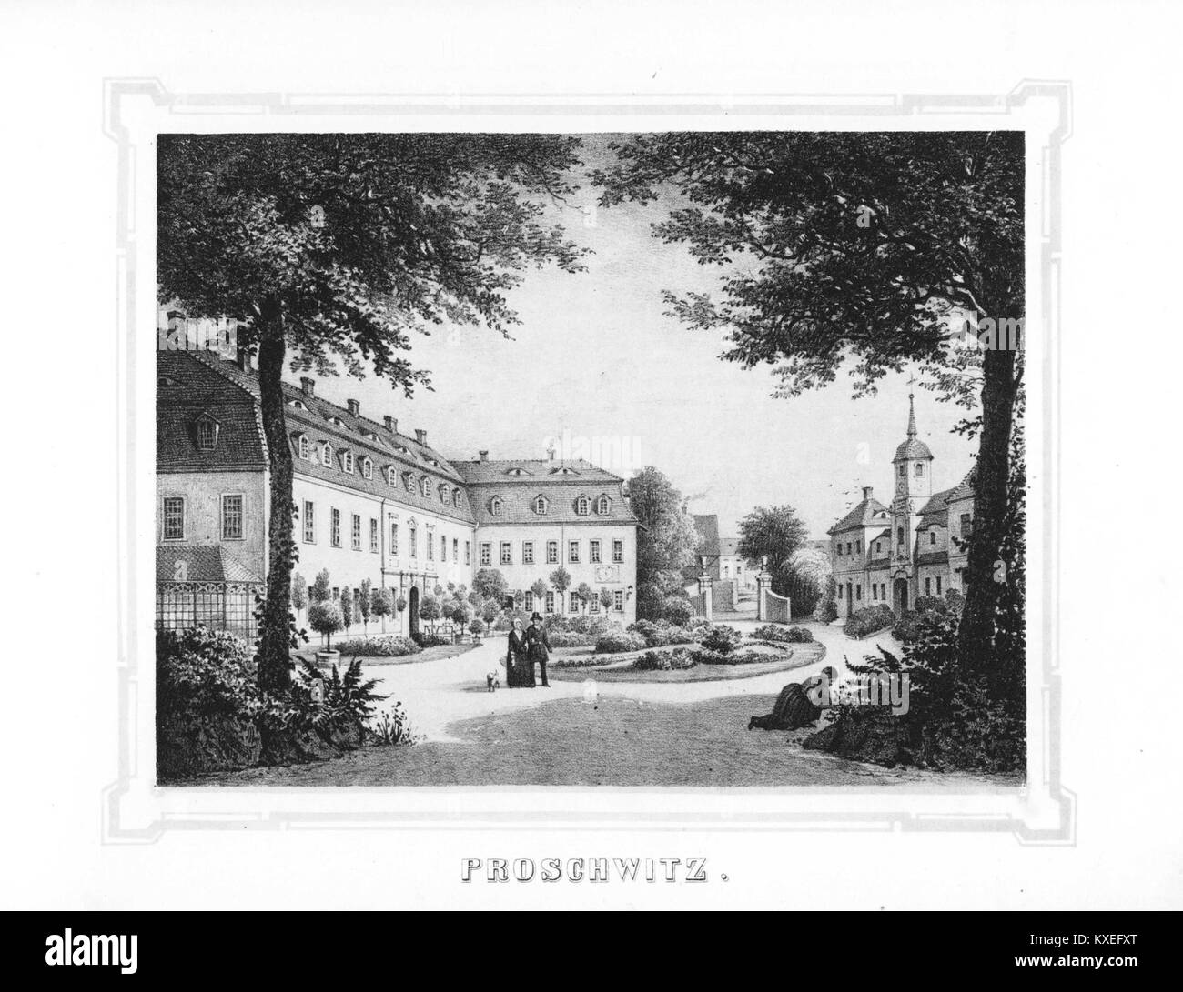 Une image gravée du XIXe siècle tirée de 'album der Schlösser und Rittergüter im Königreiche Sachsen II', représentant des châteaux et des domaines saxons, mettant en valeur le patrimoine architectural régional. Banque D'Images