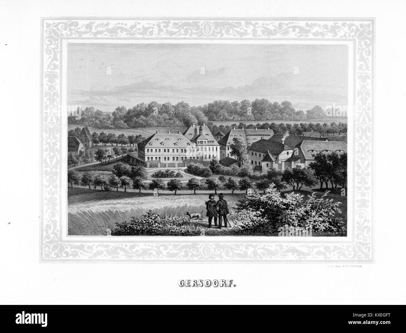 Illustration tirée du volume IV de 'album der Schlösser und Rittergüter im Königreiche Sachsen', représentant l'un des domaines ou châteaux notables de Saxe, faisant partie d'un patrimoine du XIXe siècle. Banque D'Images