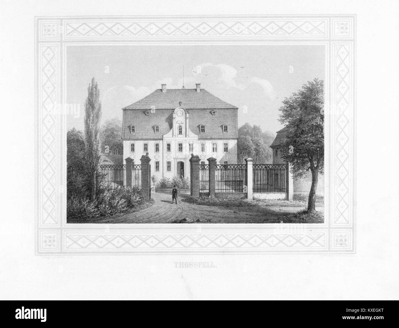 Illustration tirée du volume V de 'album der Schlösser und Rittergüter im Königreiche Sachsen', montrant l'un des châteaux ou domaines de Saxe, faisant partie d'un projet de documentation architecturale du XIXe siècle. Banque D'Images
