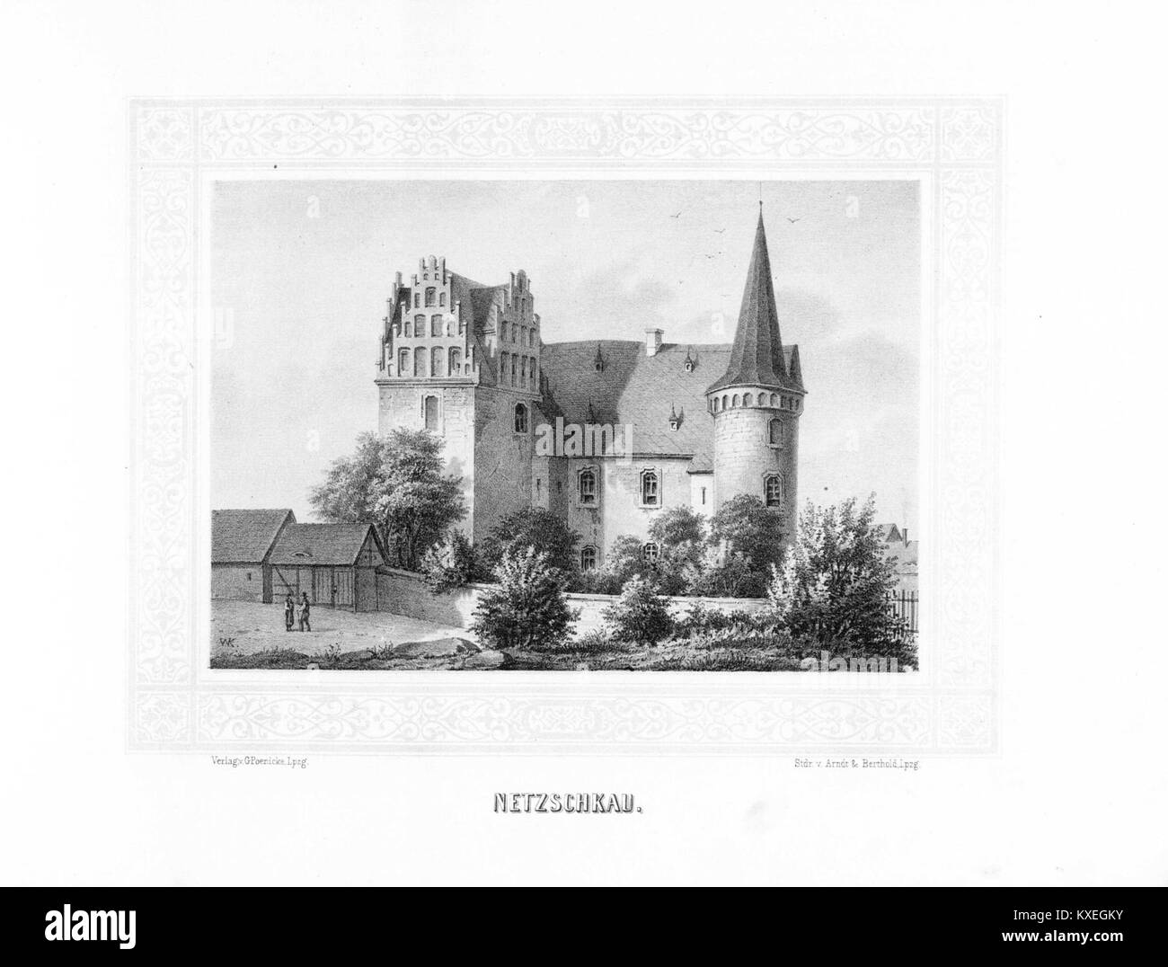 Une entrée du volume V de l'album der Schlösser und Rittergüter im Königreiche Sachsen représentant des châteaux et des manoirs à travers la Saxe, en Allemagne. L'illustration met en valeur l'architecture régionale et le patrimoine culturel du XIXe siècle. Banque D'Images