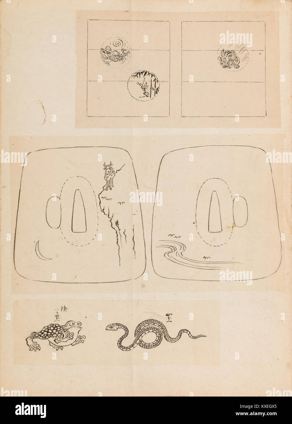 Un album de motifs coréens de conception de métallurgie intitulé 'Chōsen Gwafu', contenant des exemples détaillés de motifs et de techniques traditionnels utilisés dans la sculpture sur métal et les arts décoratifs à la fin de la période Joseon. Banque D'Images