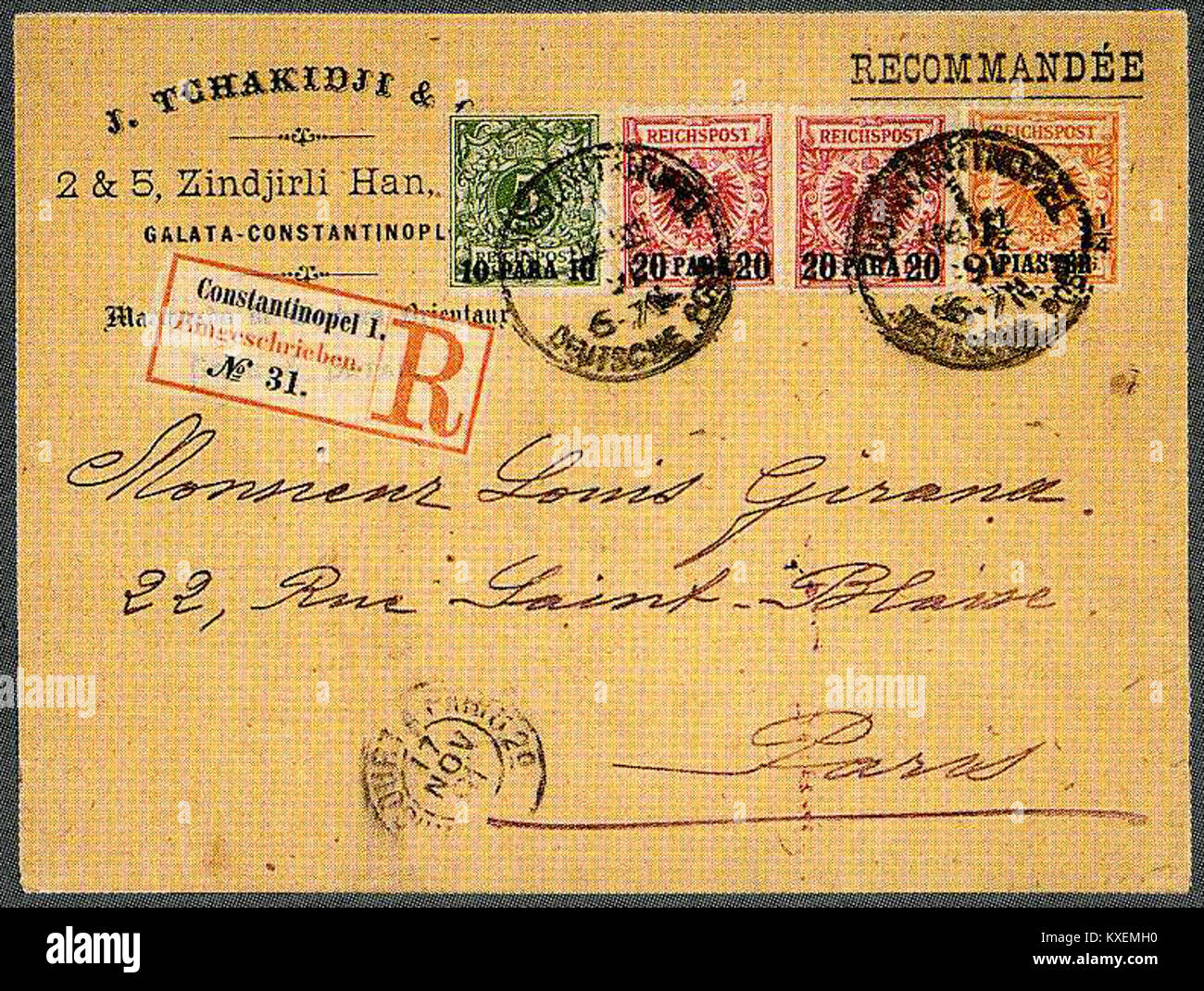 Le document enregistré en date de 1891 concerne la ville de Constantinople (aujourd’hui Istanbul) et fait référence à une implication basée à Paris. Il est conservé comme document d'archives et peut refléter la correspondance internationale, les traités ou les archives commerciales de la fin du XIXe siècle. Banque D'Images