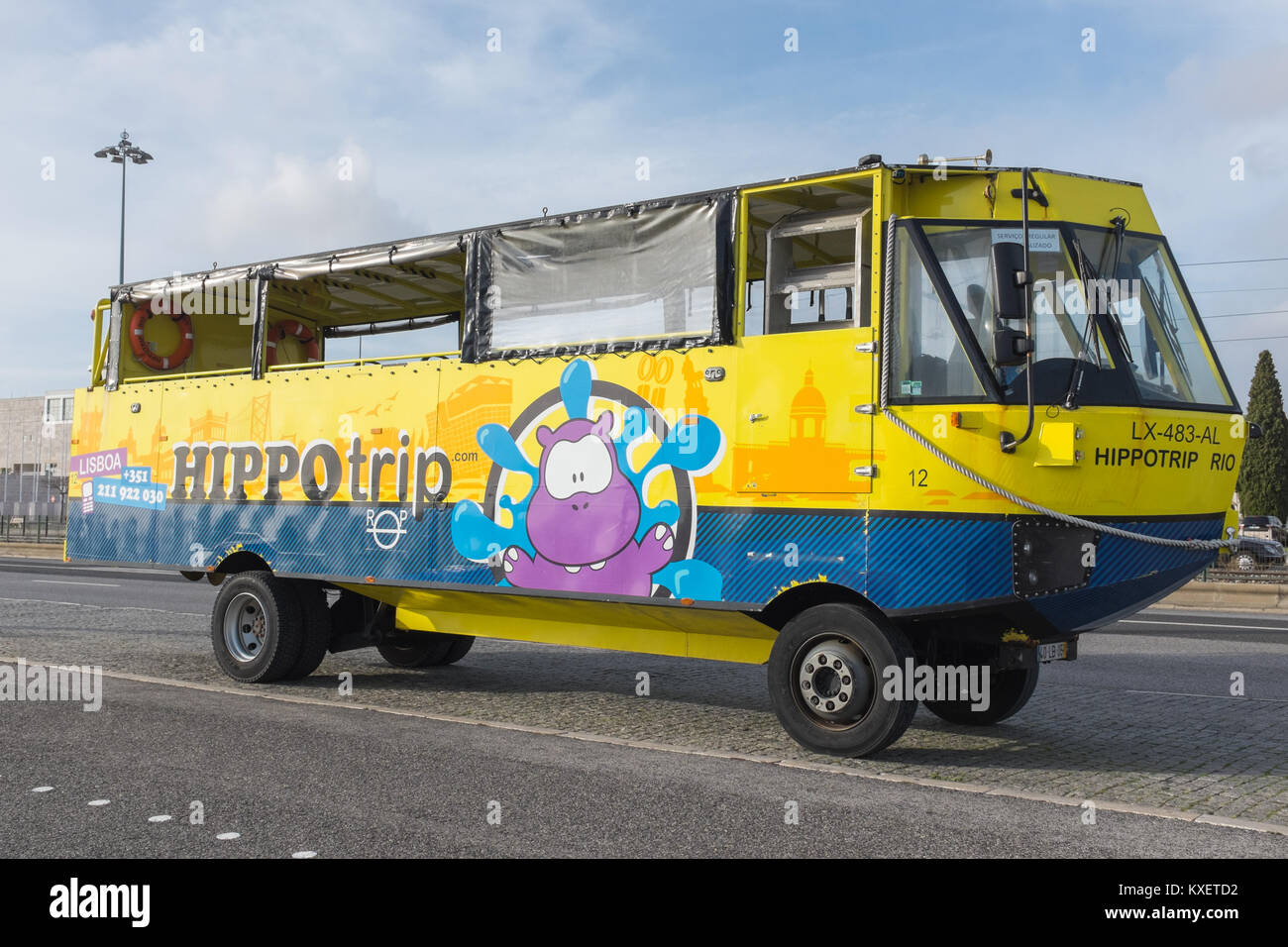 Visite guidée d'HIPPOtrip bus véhicule amphibie à Lisbonne, Portugal Banque D'Images