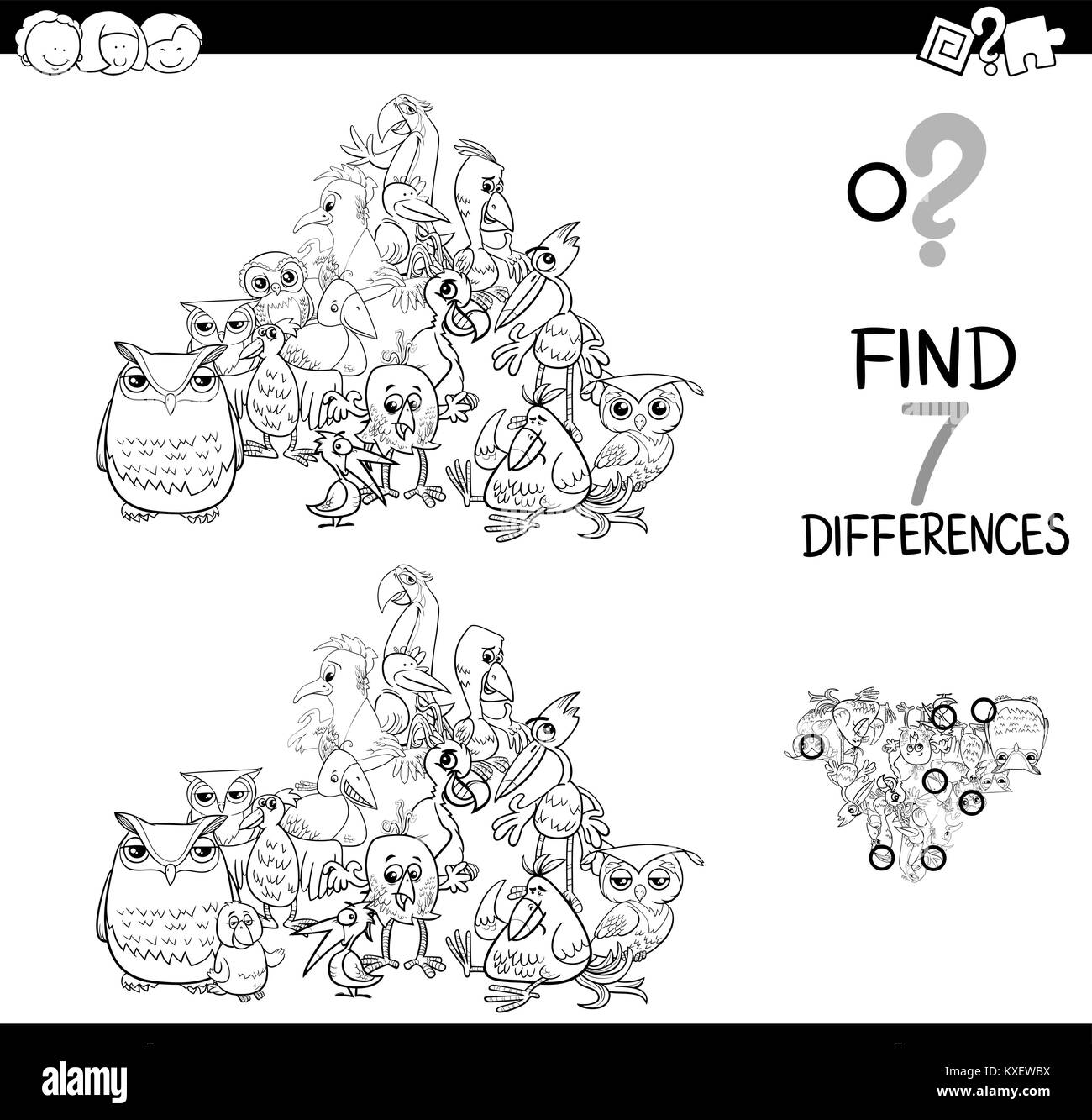 Illustration Cartoon noir et blanc de trouver sept différences entre images Activité éducative Game pour enfants avec des personnages animaux oiseaux Gro Illustration de Vecteur