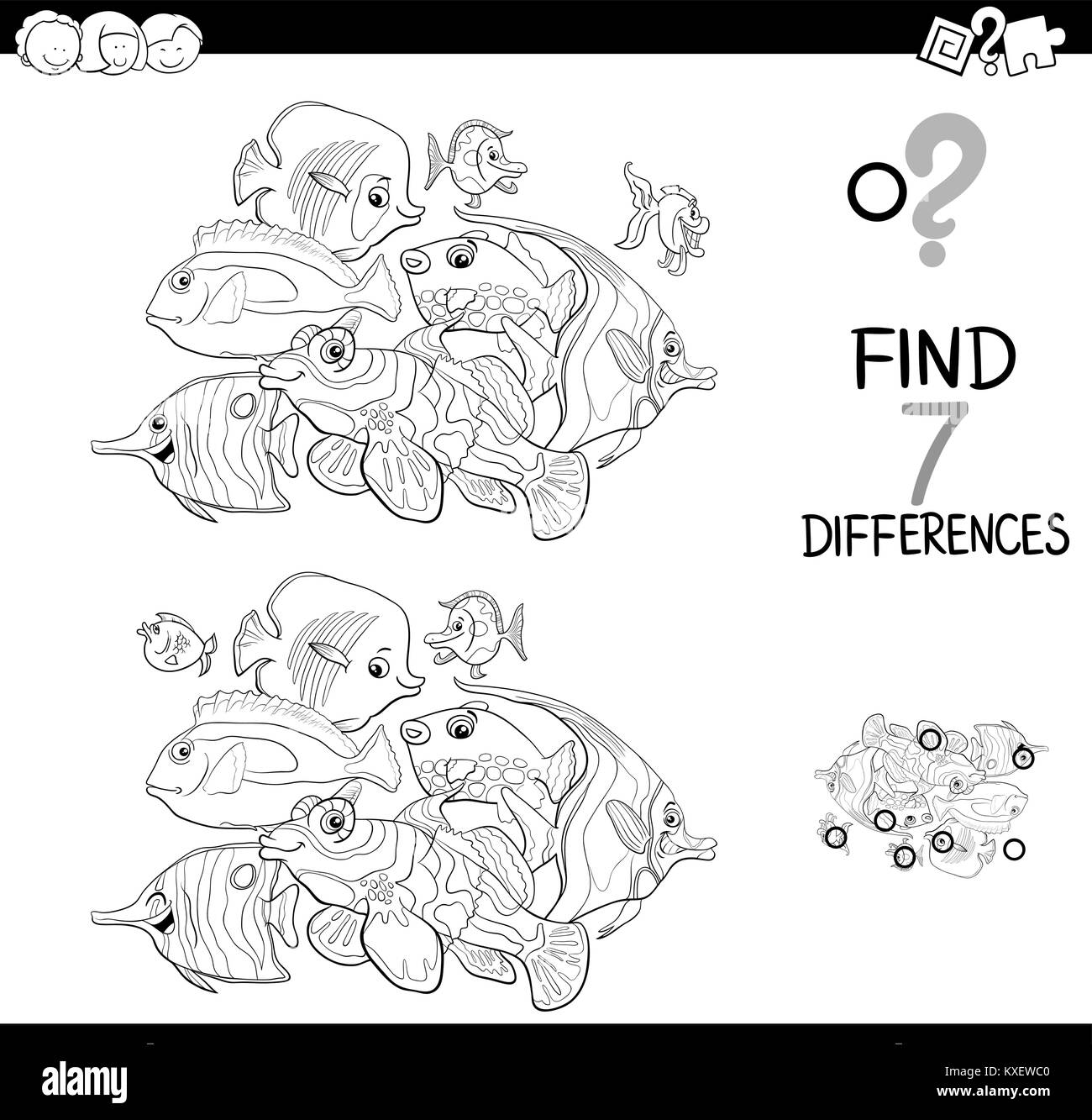Illustration Cartoon noir et blanc de trouver sept différences entre images Activité éducative Game pour enfants avec des personnages animaux Poissons Grou Illustration de Vecteur