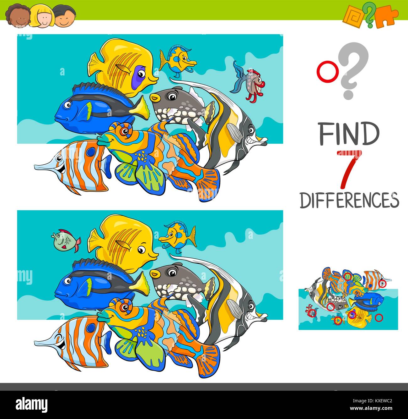 Cartoon Illustration de trouver sept différences entre images Activité éducative Game pour Enfants avec animaux Poissons Groupe Caractères Illustration de Vecteur