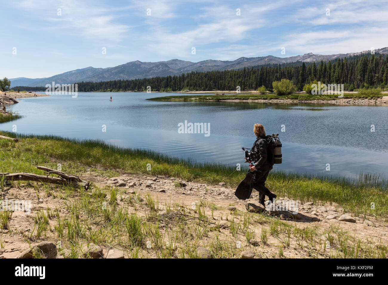 Un plongeur s'approche d'un point d'entrée sur le réservoir de bois mort pour tirer des photos sous-marines. Banque D'Images