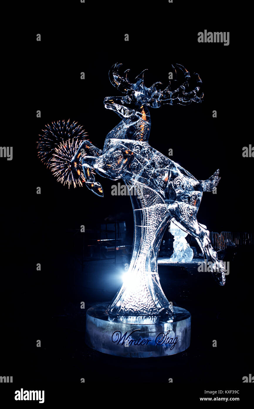 La sculpture sur glace à la De Beers - sculpture sur glace inspirée des T.N.-O. Le Championnat du Long John Winter Festival Jamboree, Yellowknife, Territoires du Nord-Ouest, Sa Banque D'Images