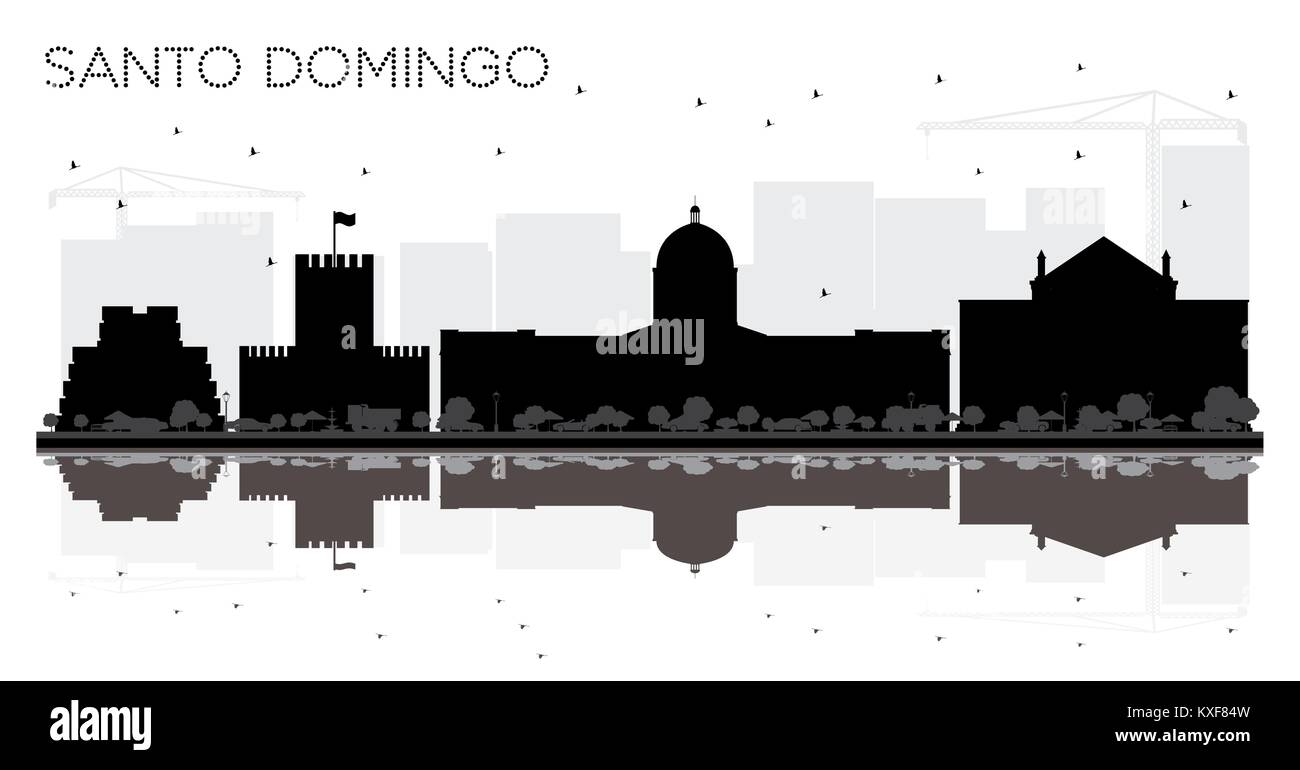 Santo Domingo République dominicaine Ville skyline silhouette noir et blanc avec des reflets. L'illustration pour la simple présentation du tourisme, bannière, Illustration de Vecteur