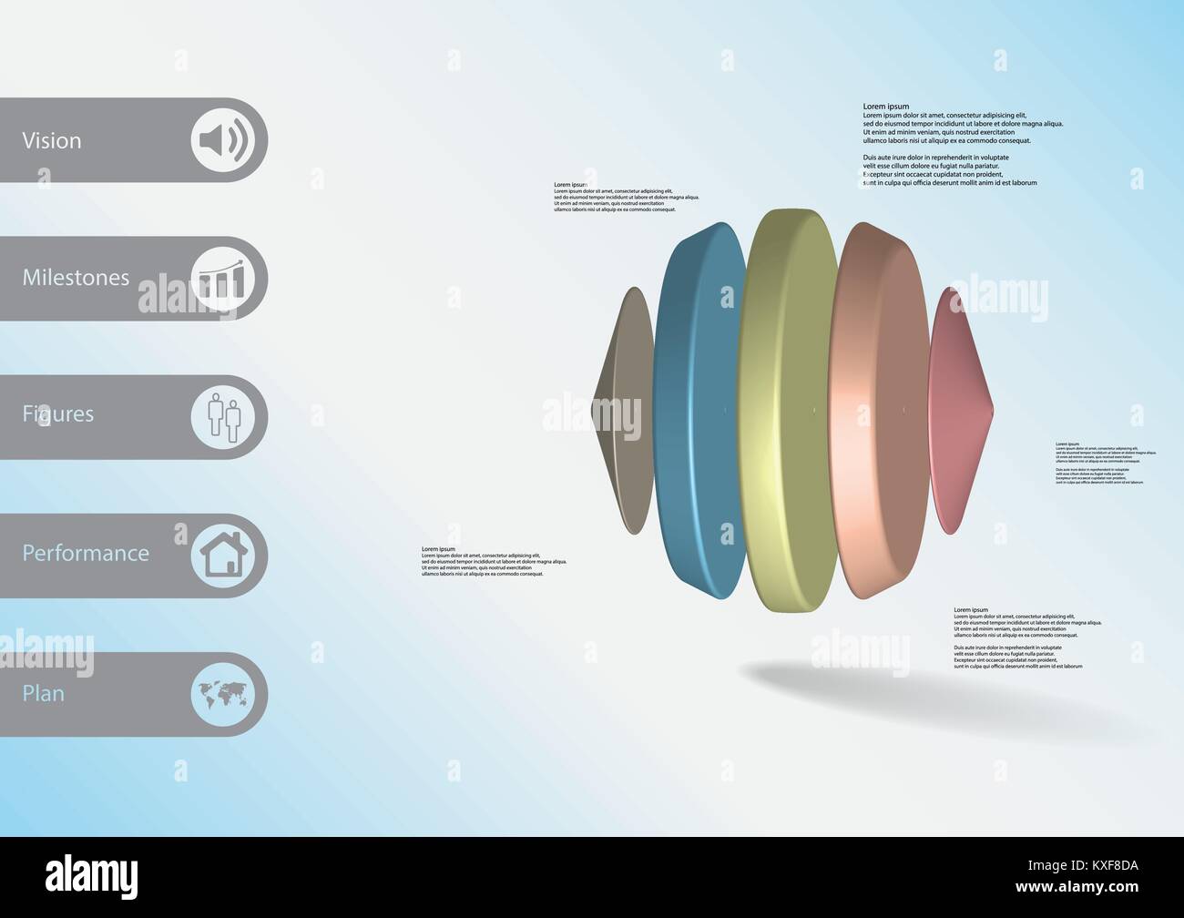 Illustration infographie 3D modèle avec motif des deux cônes et trois cylindres entre disposées verticalement avec différentes couleurs avec simple signe et Illustration de Vecteur