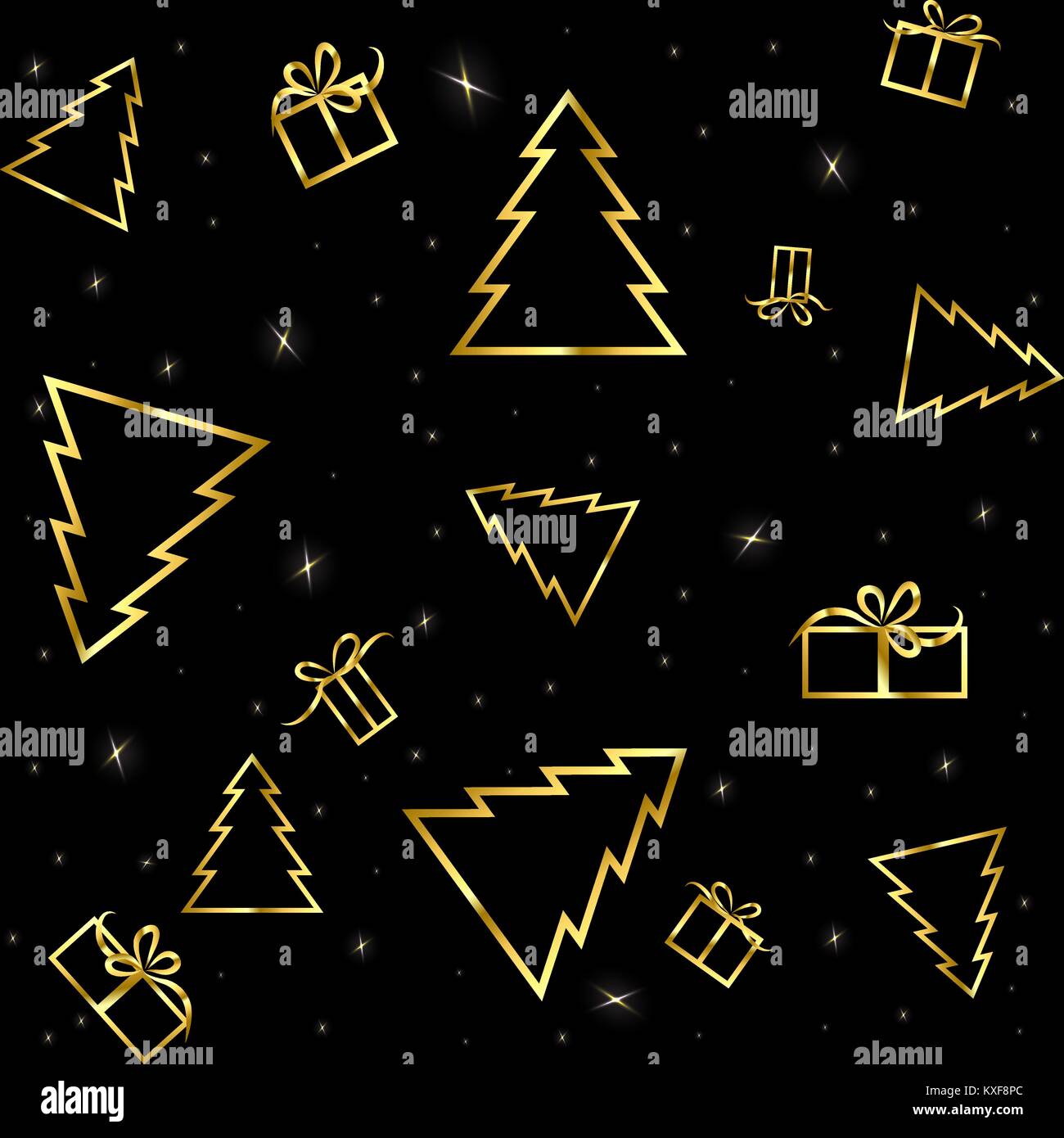 Profil de transparente cadeaux d'or et un arbre de Noël avec des paillettes sur fond noir Illustration de Vecteur