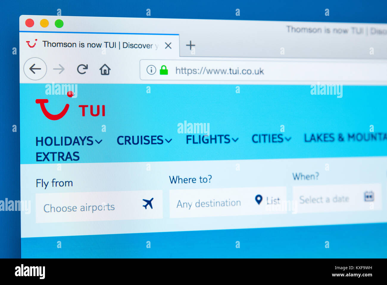 Londres, UK - 4 janvier 2018 : La page d'accueil du site web officiel de TUI, anciennement connu sous le nom de Thomson Holidays - l'opérateur de voyages basée au Royaume-Uni, le 4 Banque D'Images