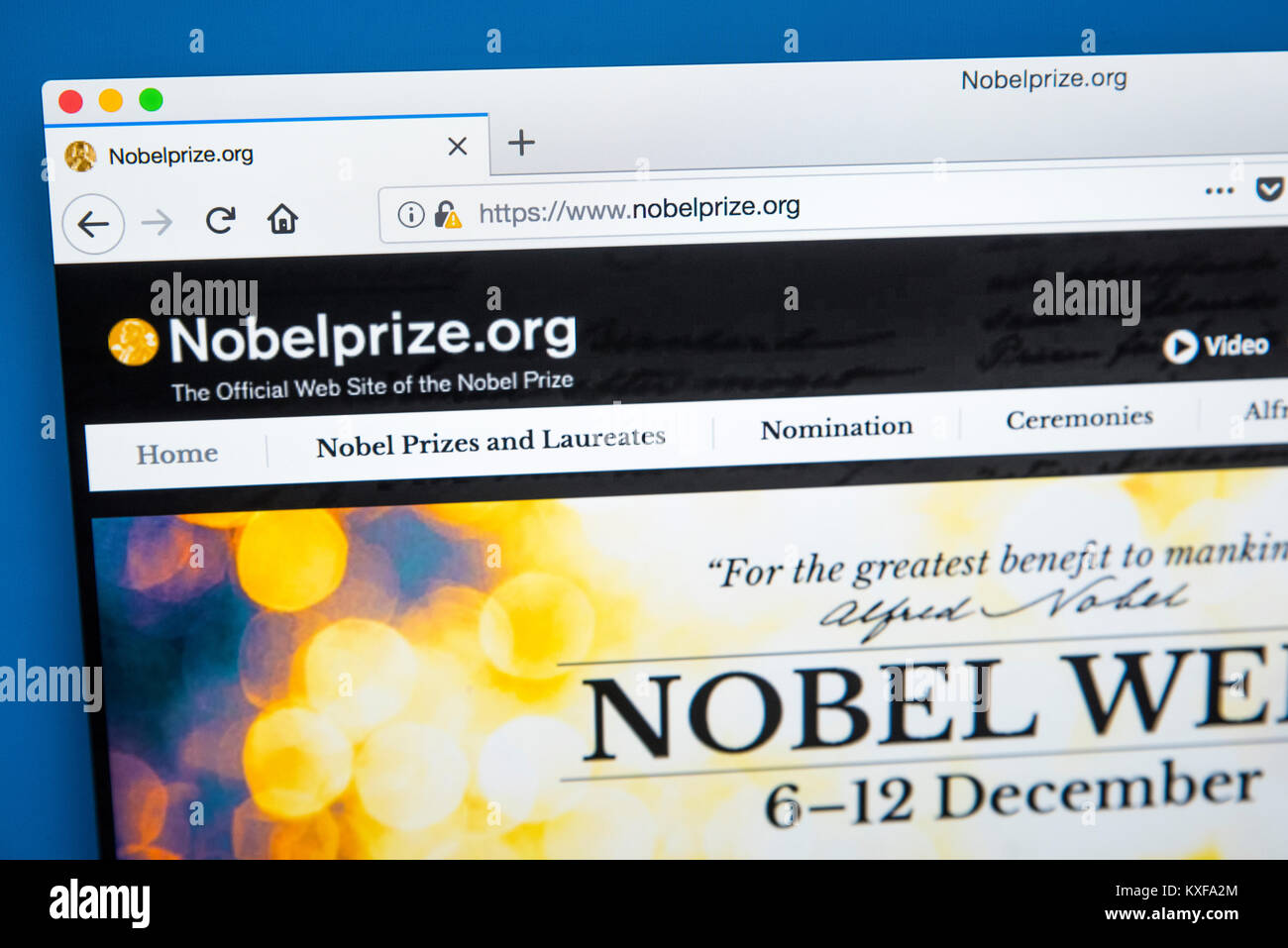 Londres, UK - 4 janvier 2018 : La page d'accueil du site officiel pour le prix Nobel, le 4 janvier 2018. Banque D'Images